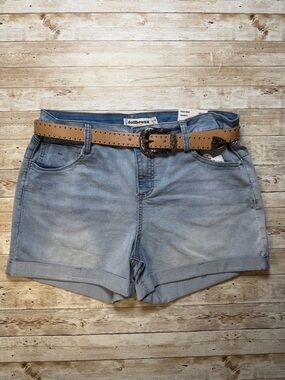 Dollhouse Light Blue Rolled-Hem Denim Shorts with Tan Studded Belt Waist 33
